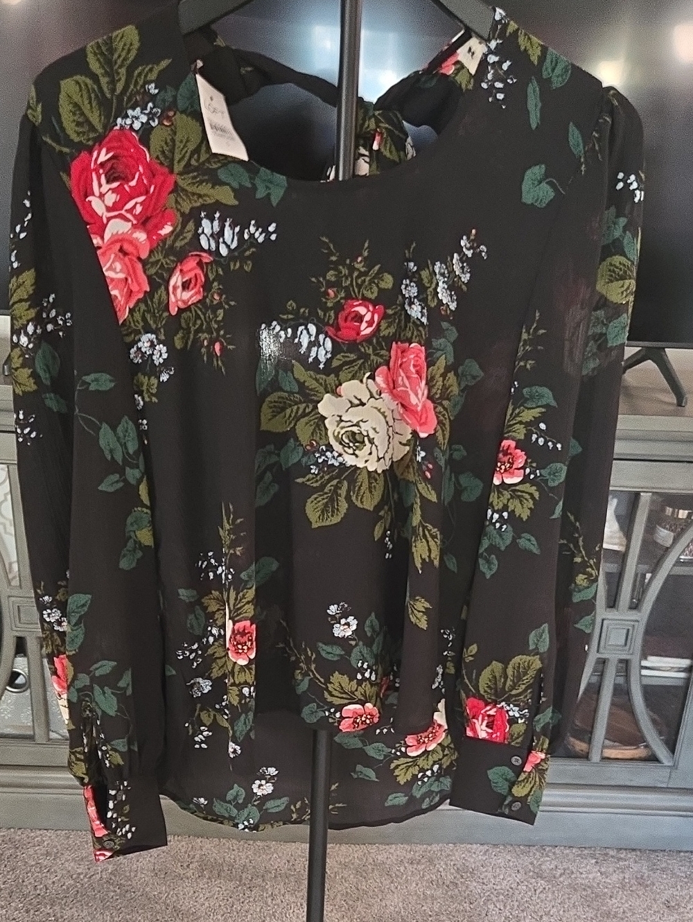 NWT LOFT Black Floral Long-Sleeve Blouse with Red, Pink & Green Roses